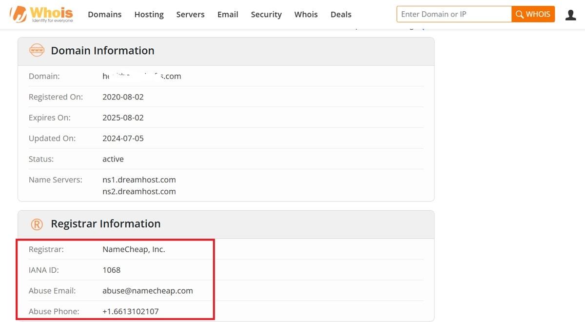 WHOIS privacy protection details showing registrar information for a web domain name